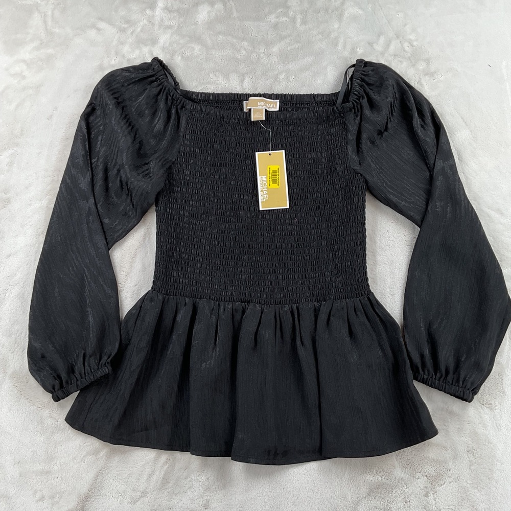 Michael Kors Black Smocked Peplum Top Long Balloon Sleeve Jacquard XS NWT